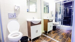 A modern bathroom with a toilet, two sinks, a shower, and a mirror. - Charter Otopeni (Otopeni)