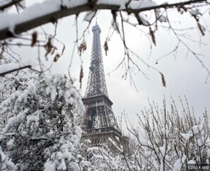 La Tour Eiffel, avec des arbres couverts de neige au premier plan.
