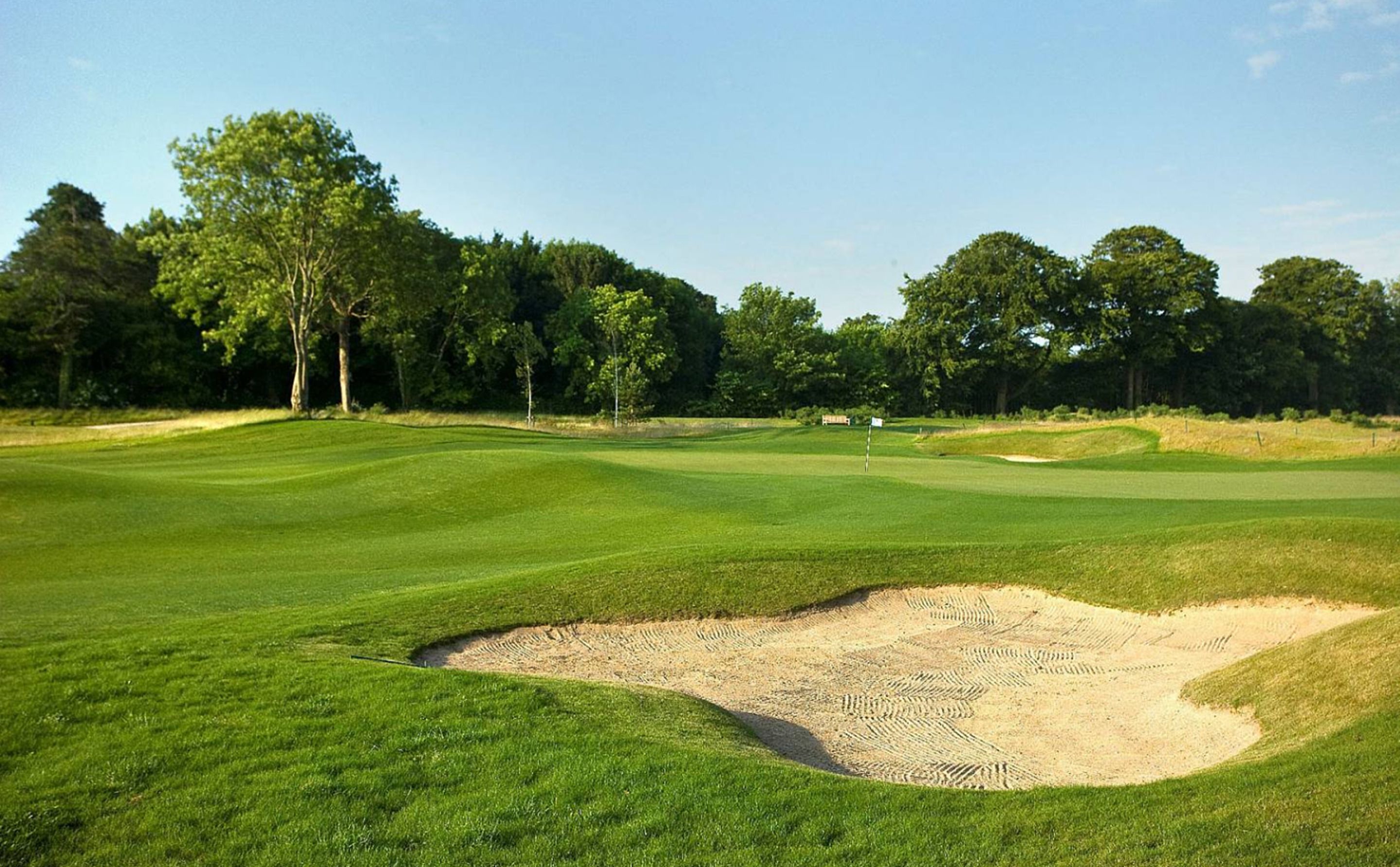 A golf course with a sand bunker and trees in the background.