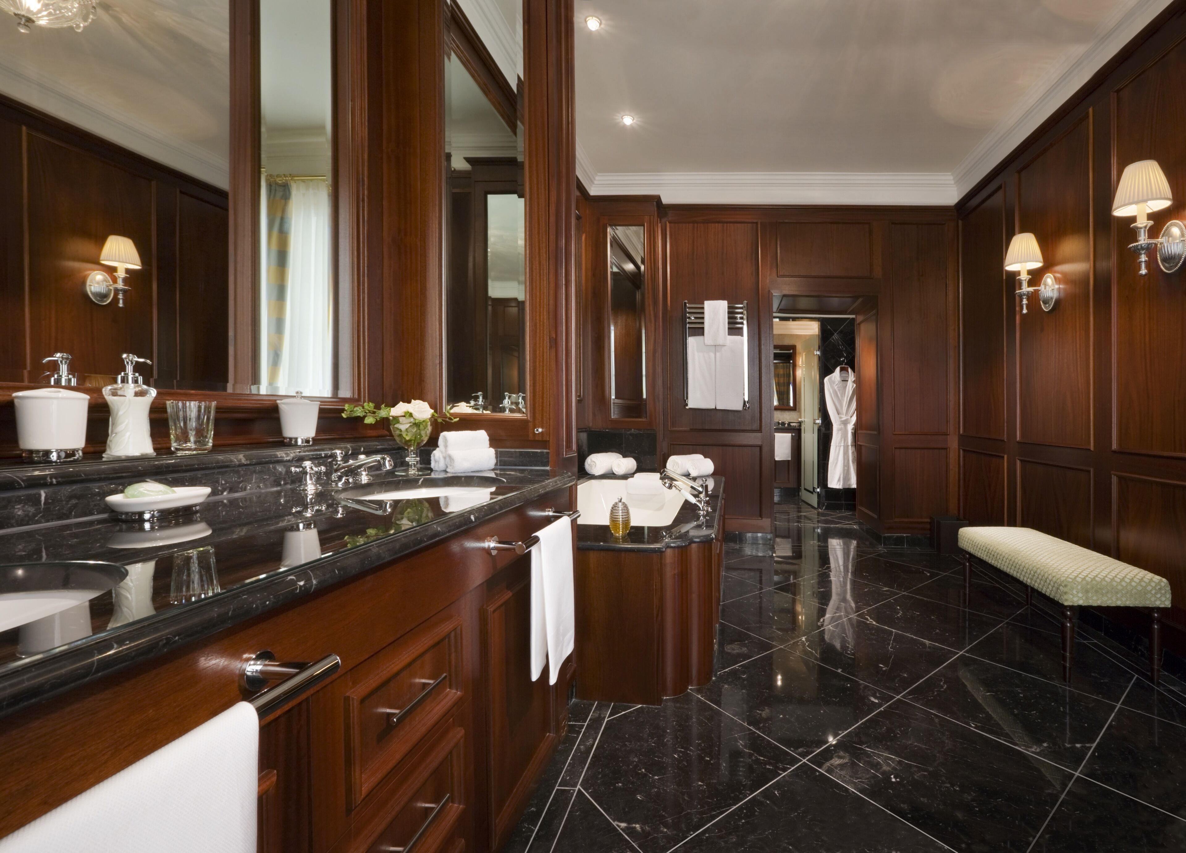 separate bathtub and shower, rainfall showerhead, hair dryer, towels