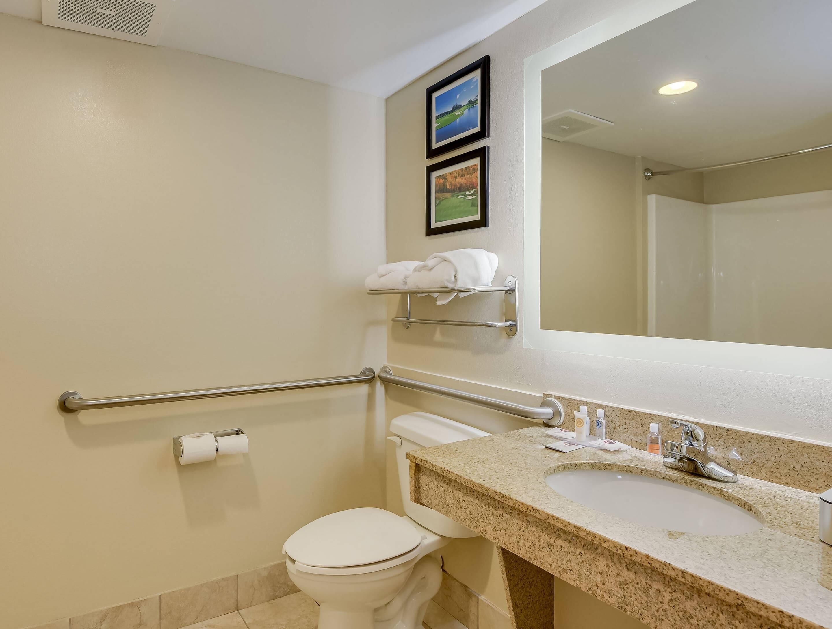 A bathroom with a toilet, sink, and handrails.