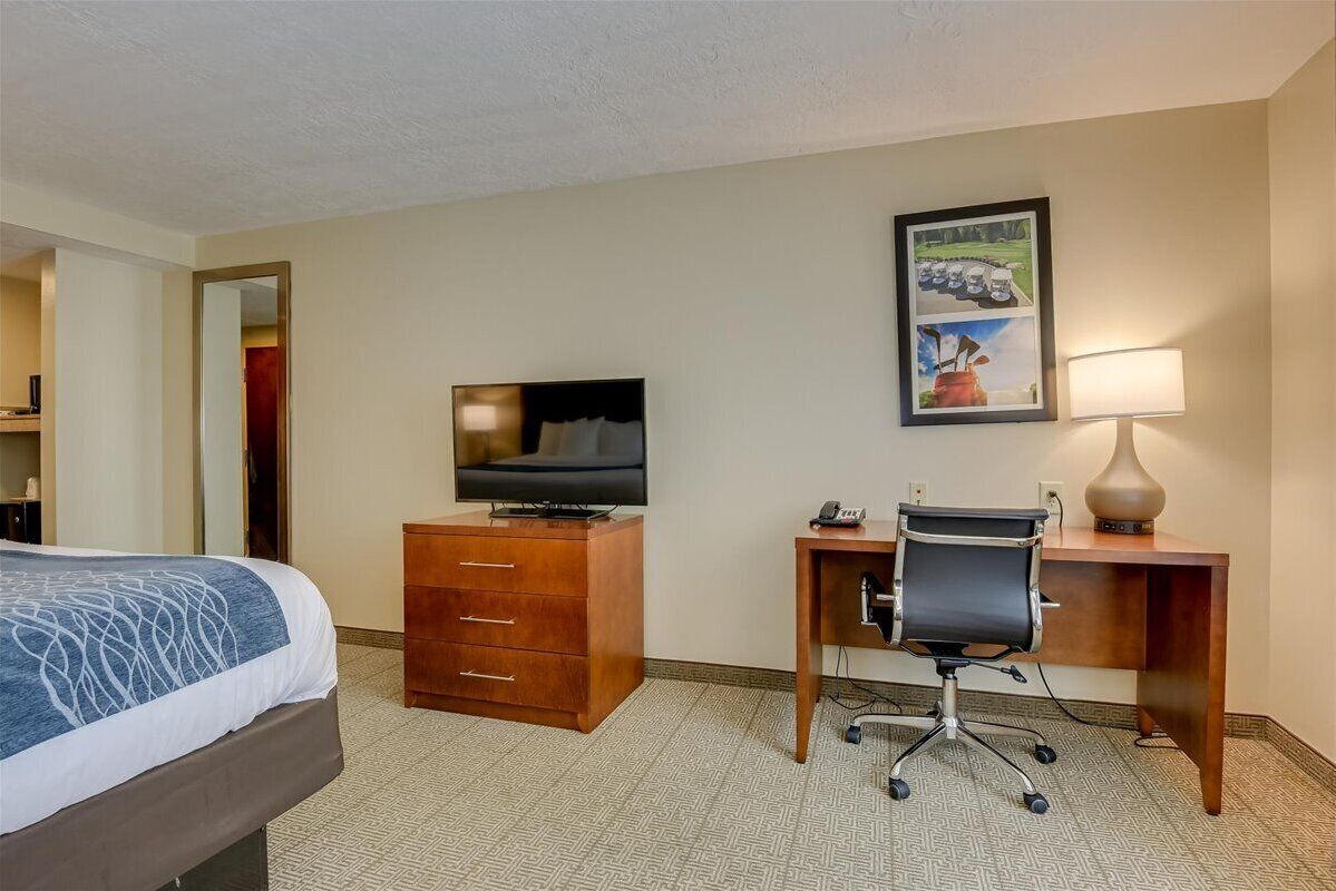 Une chambre d’hôtel avec un lit, un bureau, une chaise, une télévision, une lampe et un tableau encadré au mur.