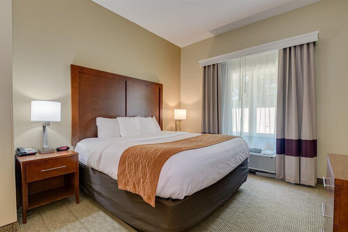 A hotel room with a large bed, a wooden nightstand with a lamp, a telephone, and a window with curtains.