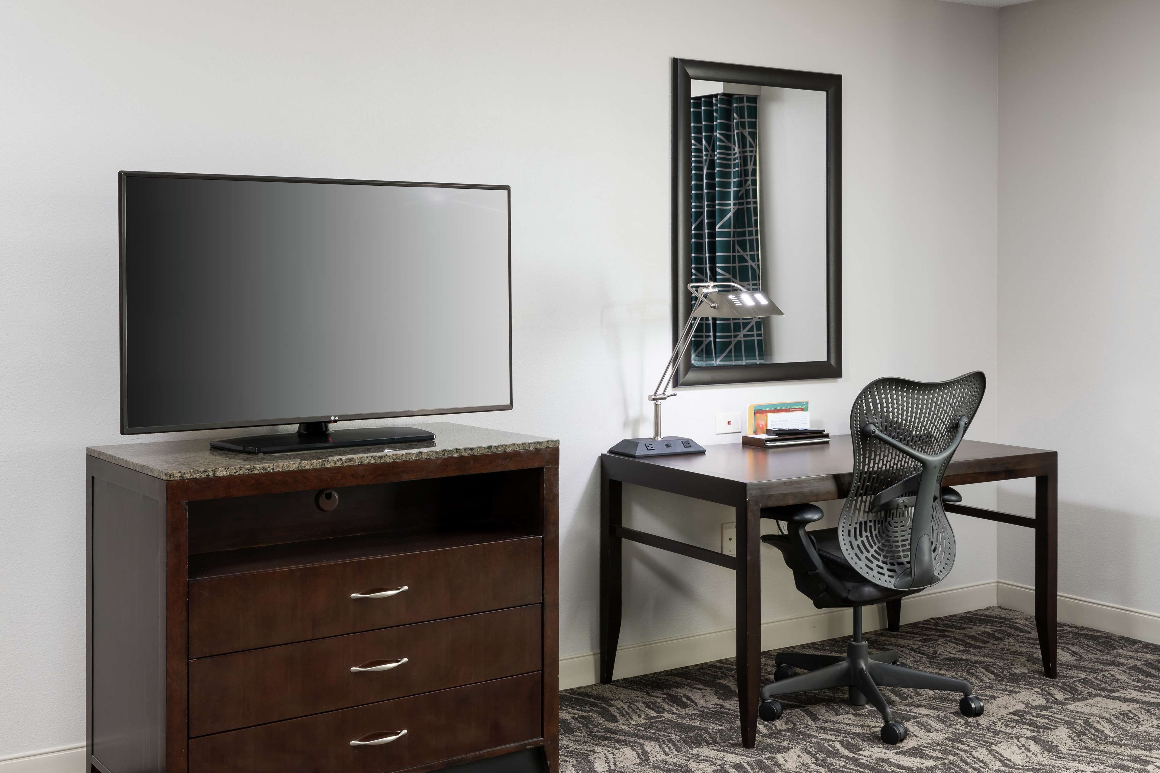 premium bedding, desk, blackout curtains, iron/ironing board