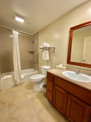 Combined shower/bathtub, free toiletries, hair dryer, towels