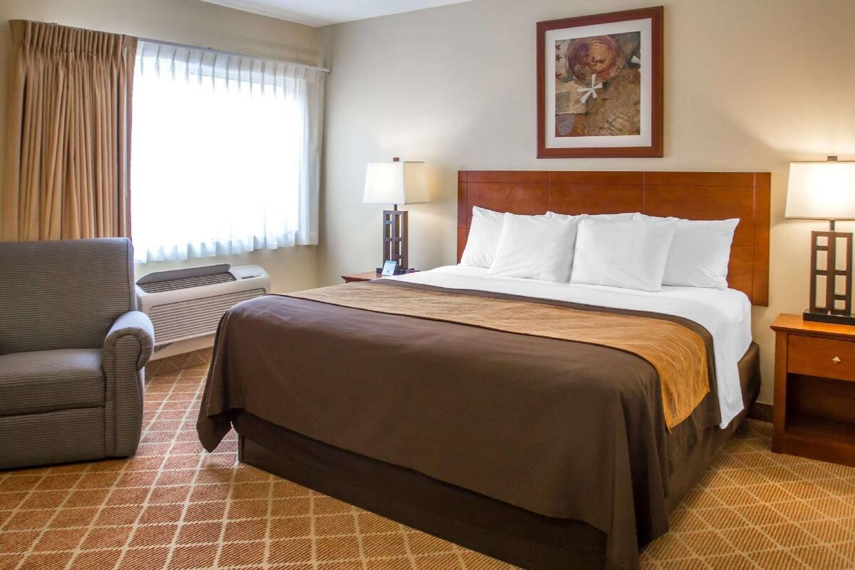 Een hotelkamer met een groot bed, een stoel, een bureau, een lamp en een schilderij aan de muur.