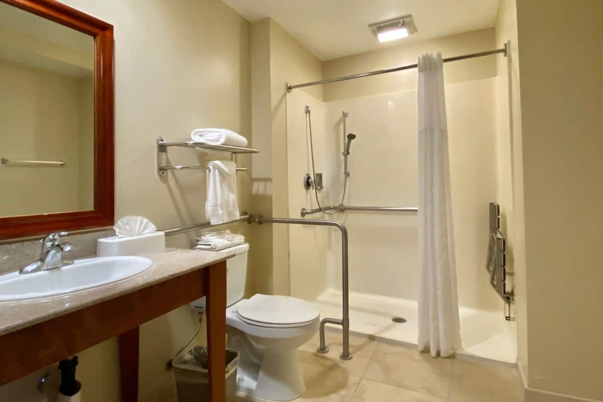Chambre, 1 trĂšs grand lit, non-fumeur (Roll-In Shower) | Salle de bain | Ensemble baignoire-douche, articles de toilette (gratuits)