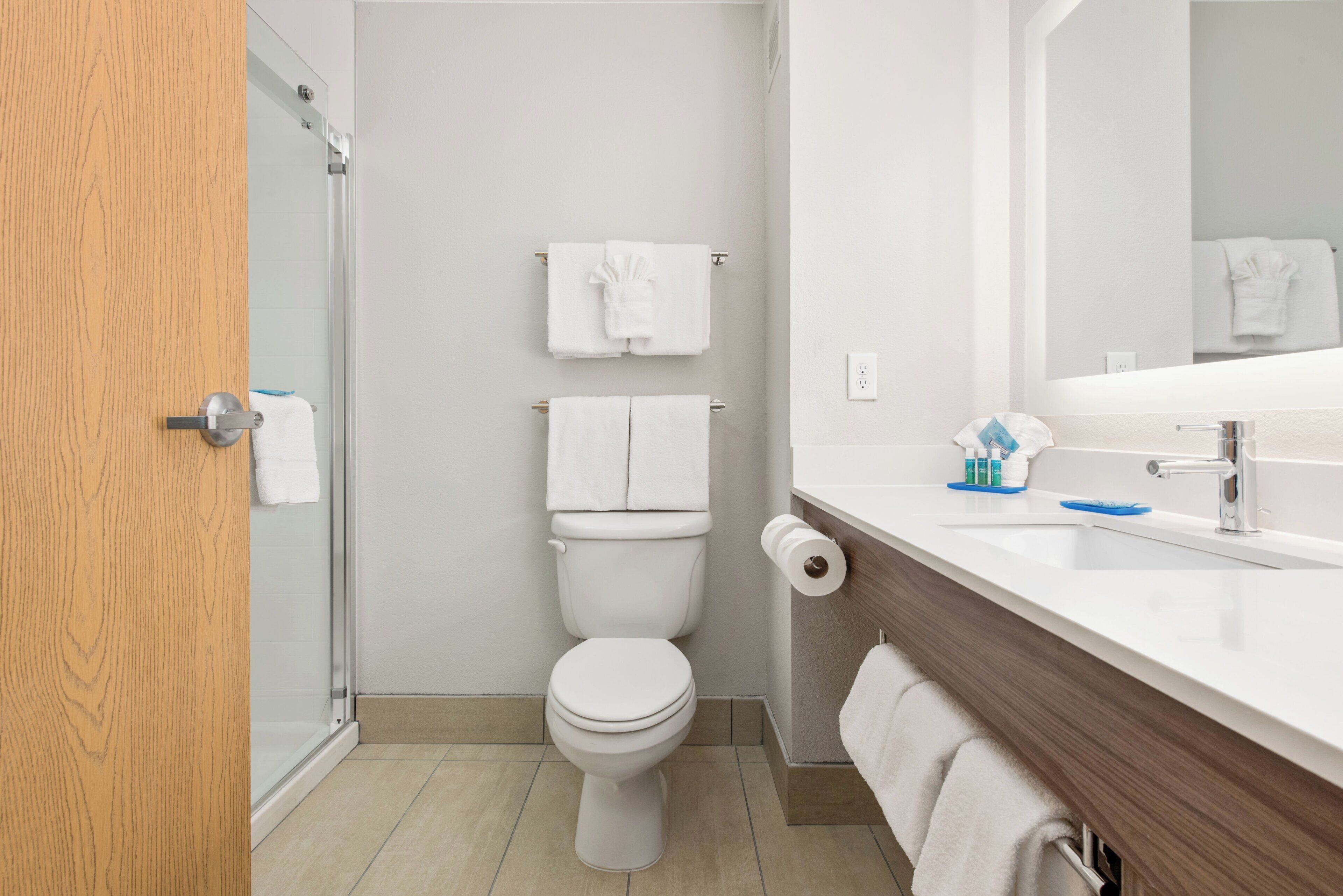 A modern bathroom with a toilet, a shower, and a sink.