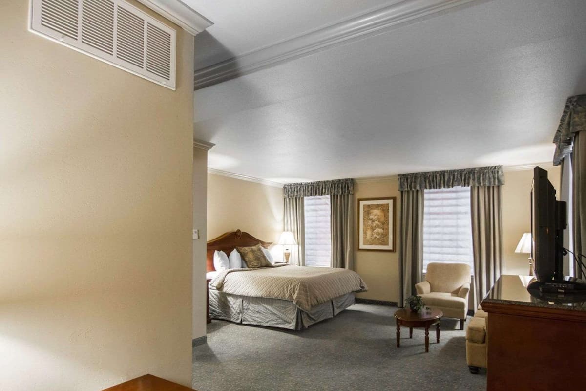 A hotel room with a bed, a desk, a chair, a television, and a window with curtains.