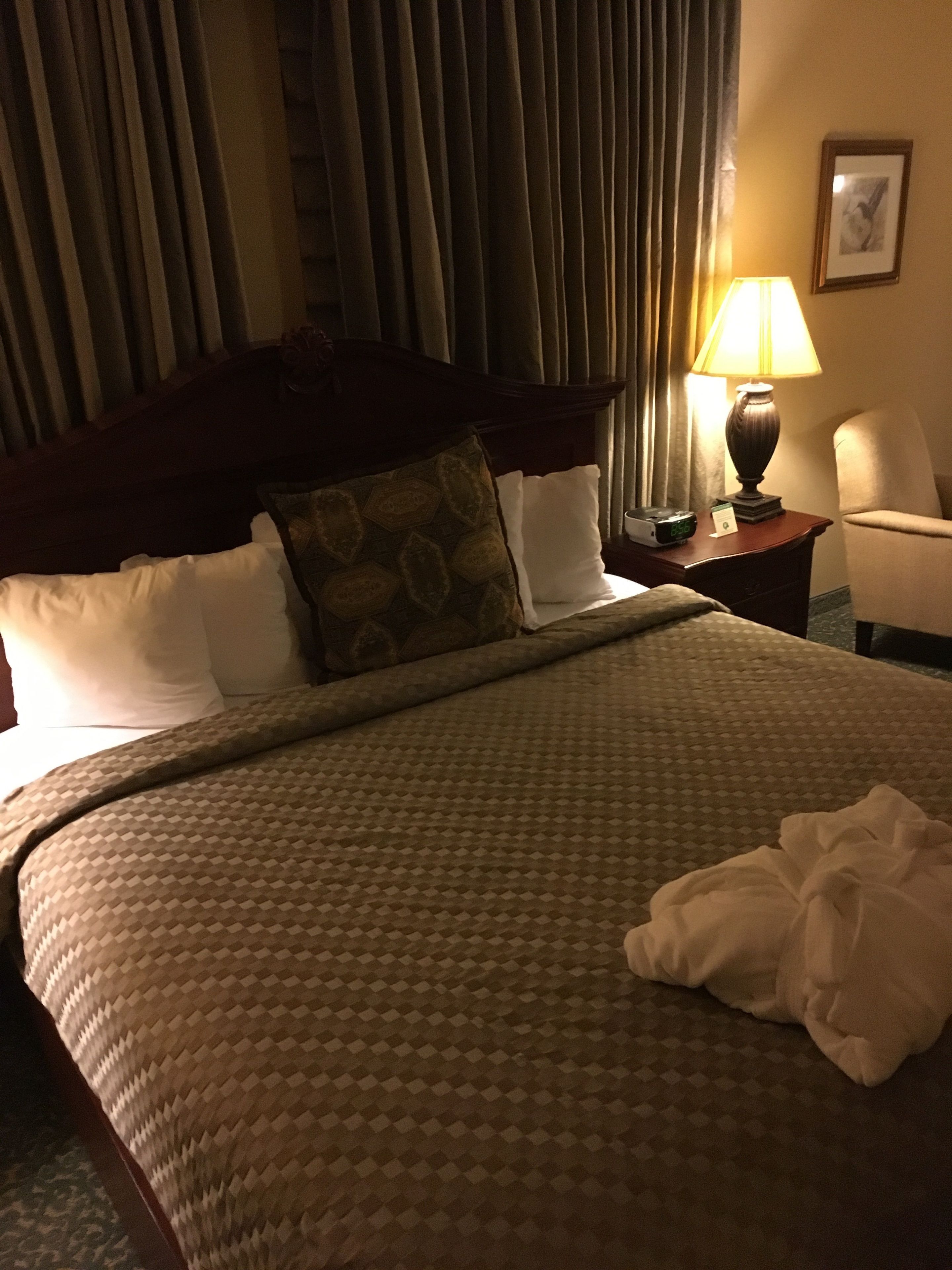 Habitación de hotel con una cama grande, una mesita de noche con lámpara, una silla y un cuadro en la pared.
