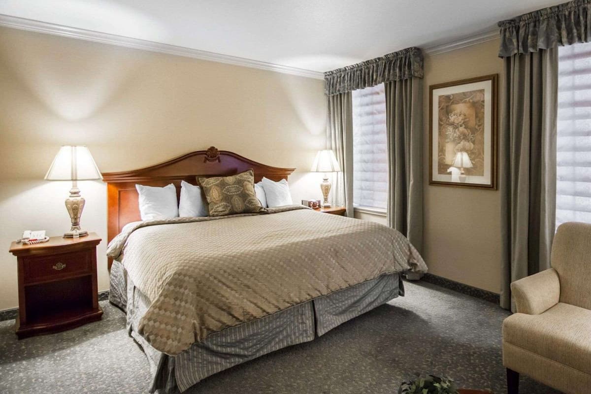 A hotel room with a large bed, two bedside tables with lamps, a chair, and a framed picture on the wall.
