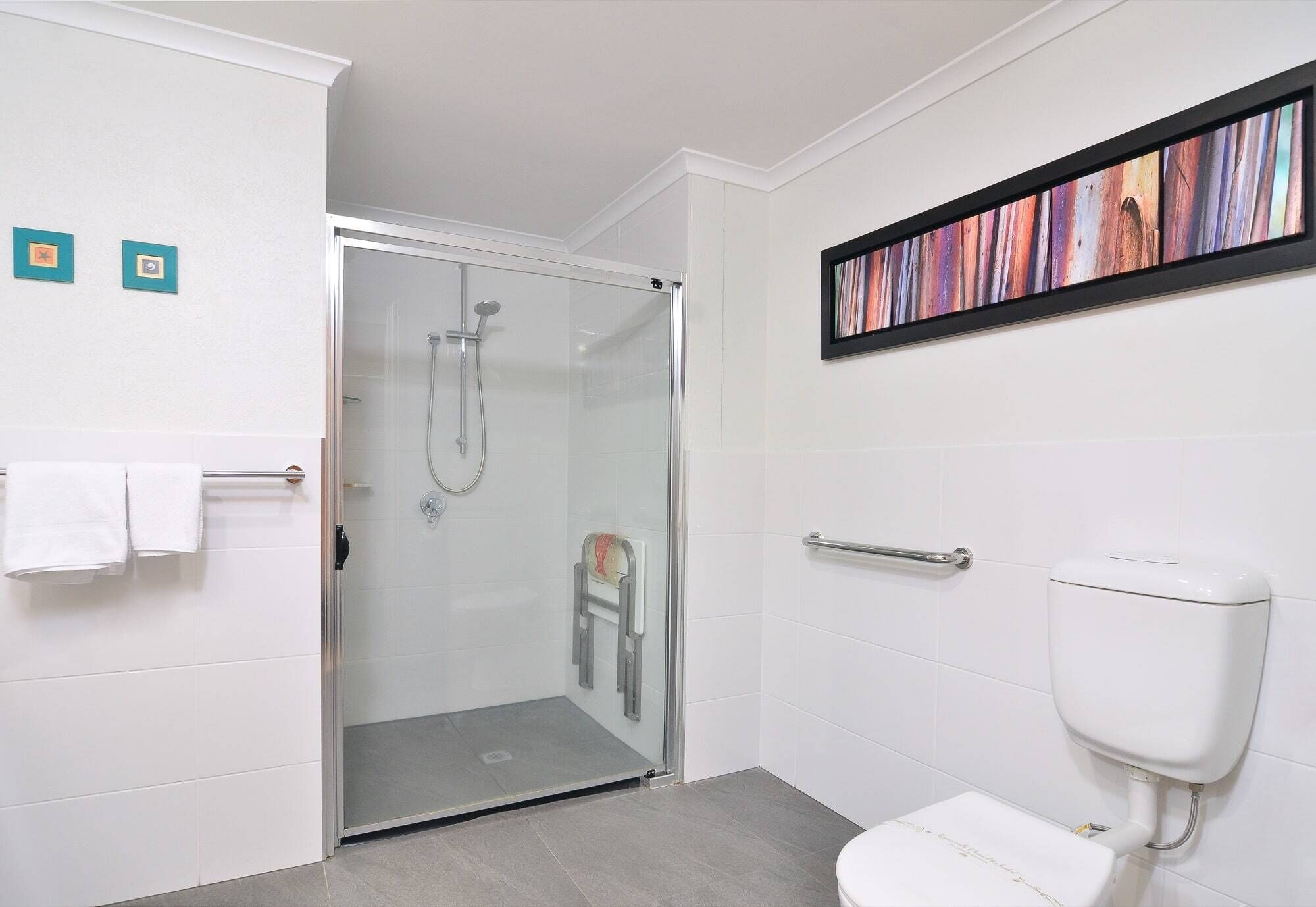 A bathroom with a glass shower enclosure, a toilet, and a framed artwork on the wall.