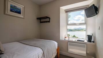 A bedroom with a bed, a window with a view of the outdoors, a mounted TV, and a radiator.
