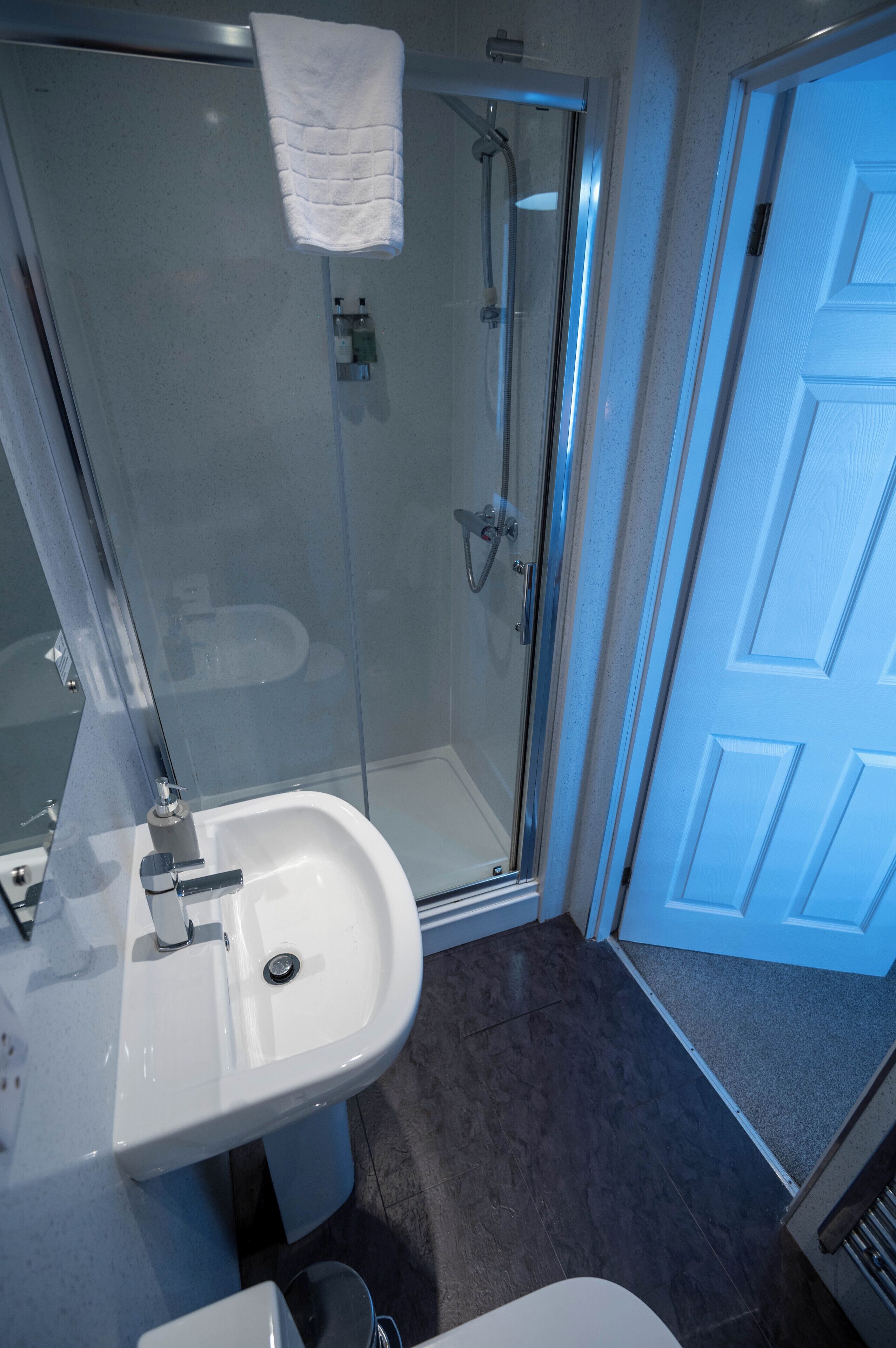 Une salle de bain avec une douche à parois de verre, un lavabo blanc et une porte.