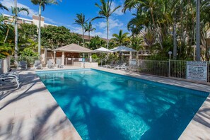 Outdoor pool, pool umbrellas, pool loungers