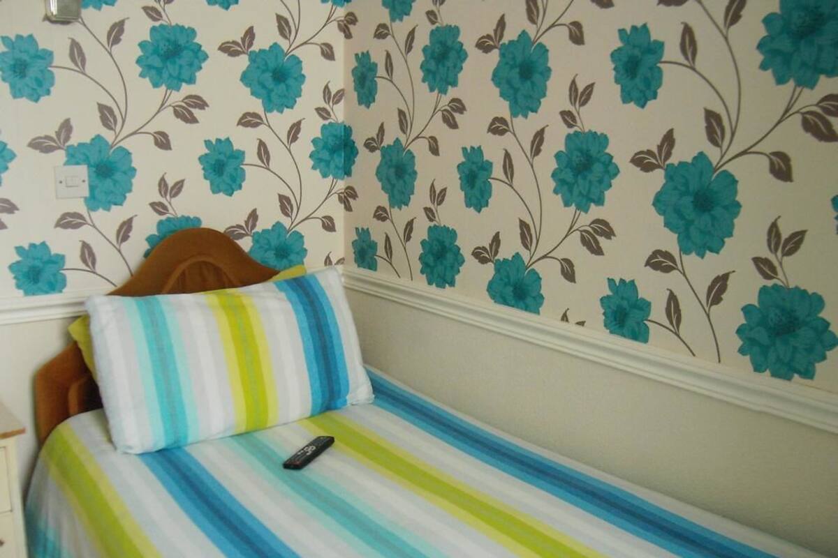 A single bed with a striped bedspread, a pillow, and a remote control on it.
