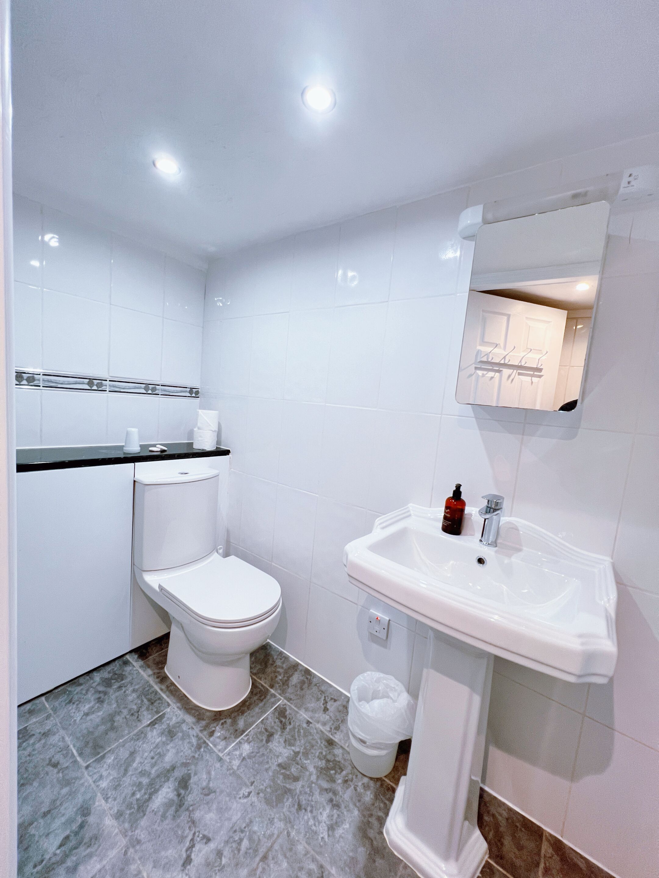 Une salle de bain avec des toilettes, un lavabo et un miroir.