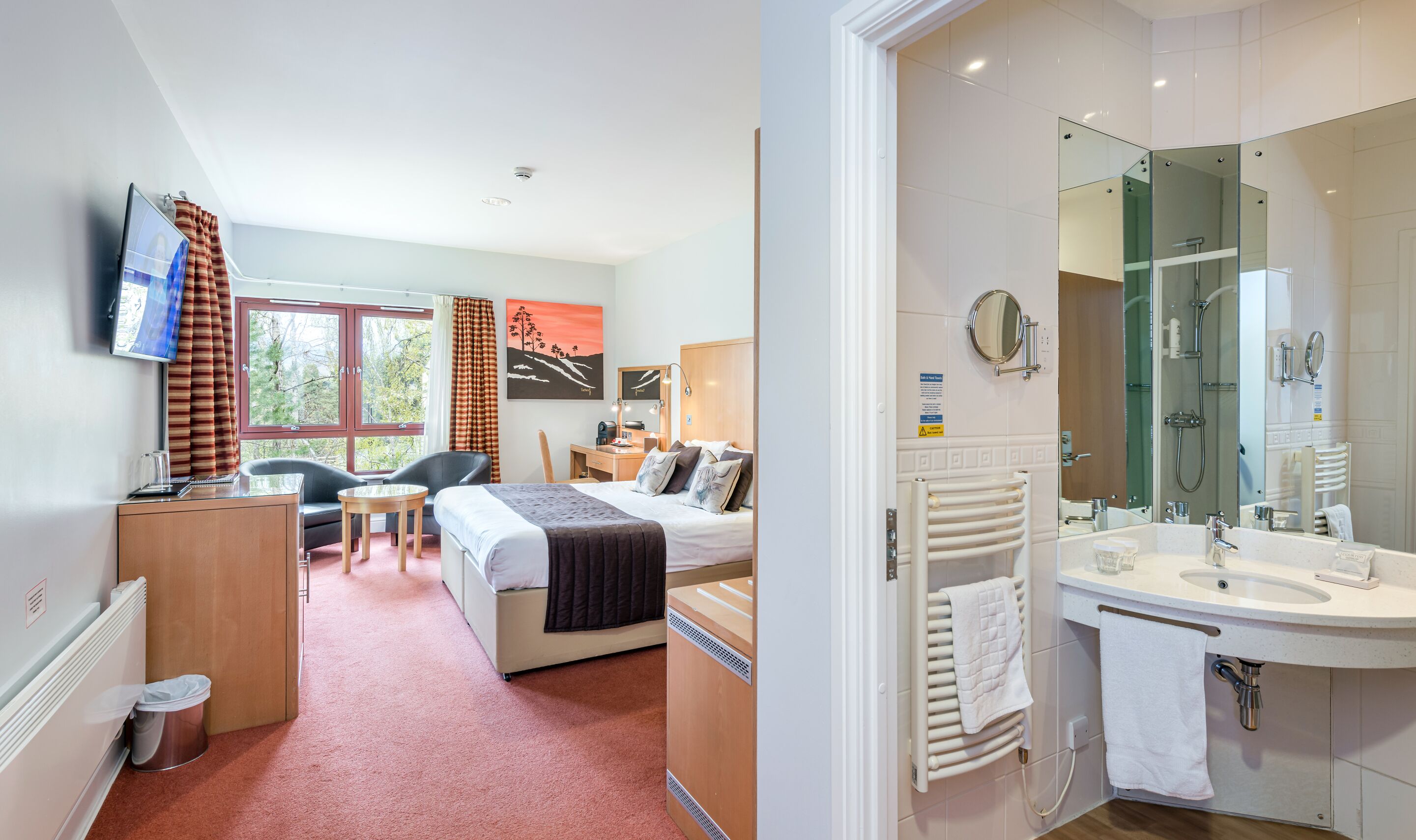 Une chambre d’hôtel comprenant un lit, un bureau, une chaise, une télévision et une salle de bain avec douche, lavabo et miroir.