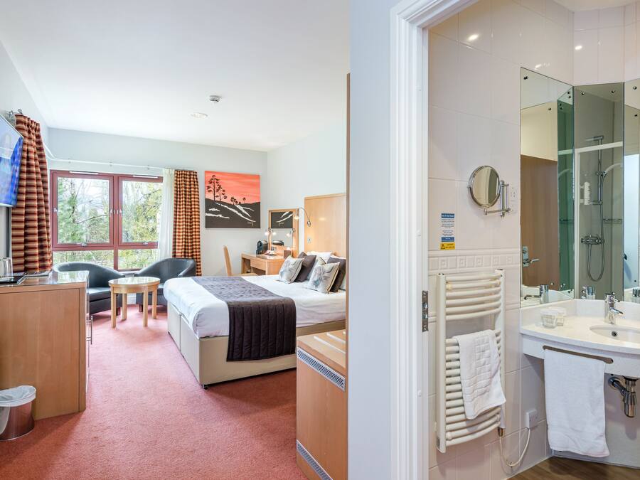 Een hotelkamer met een bed, bureau, stoel, televisie en een badkamer met douche, wastafel en spiegel.