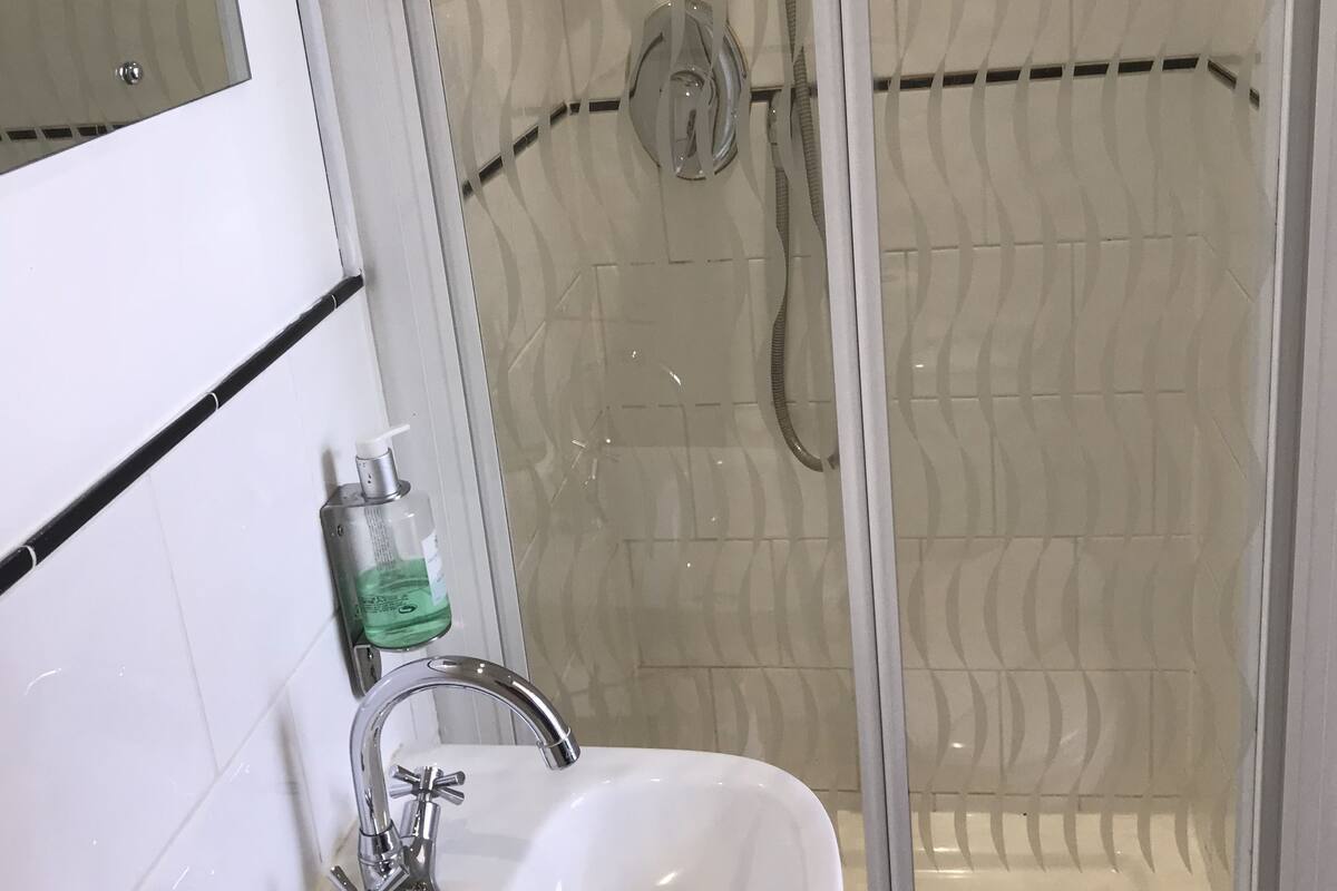 A bathroom with a glass-enclosed shower, a white sink, and a mirror.
