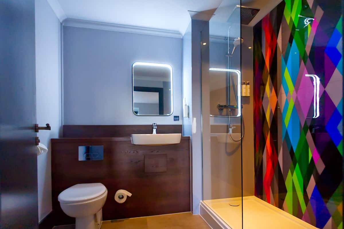 shower, free toiletries, hair dryer, towels