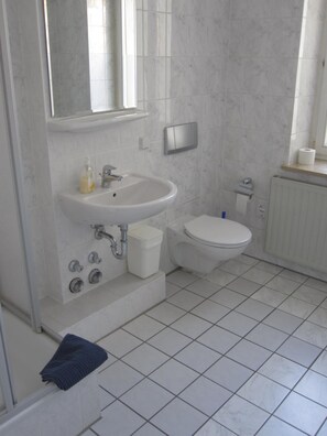 Shower, free toiletries, hair dryer, towels