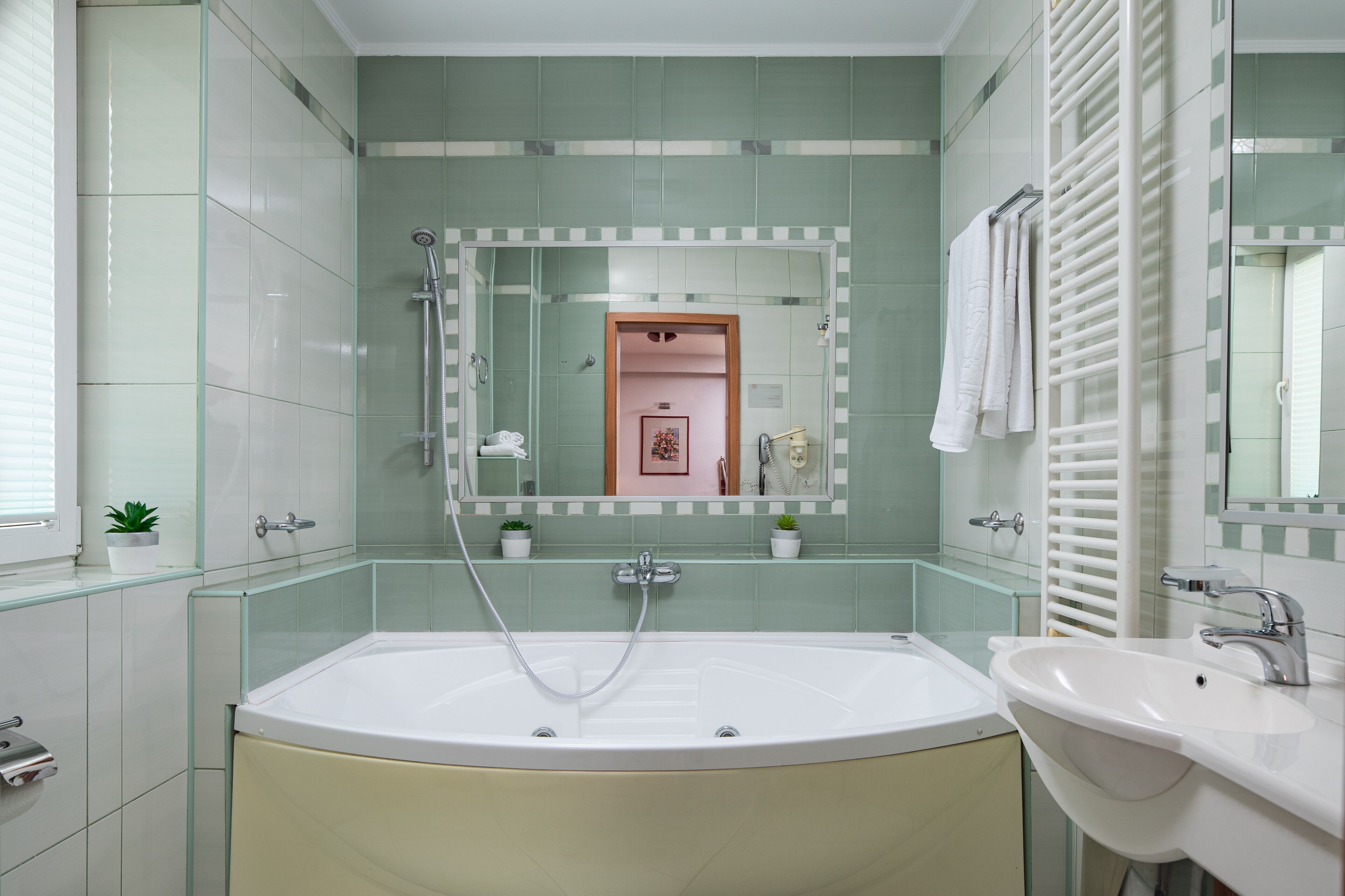 A modern bathroom with a large bathtub, a sink, and a mirror. There are two small potted plants on the countertop.