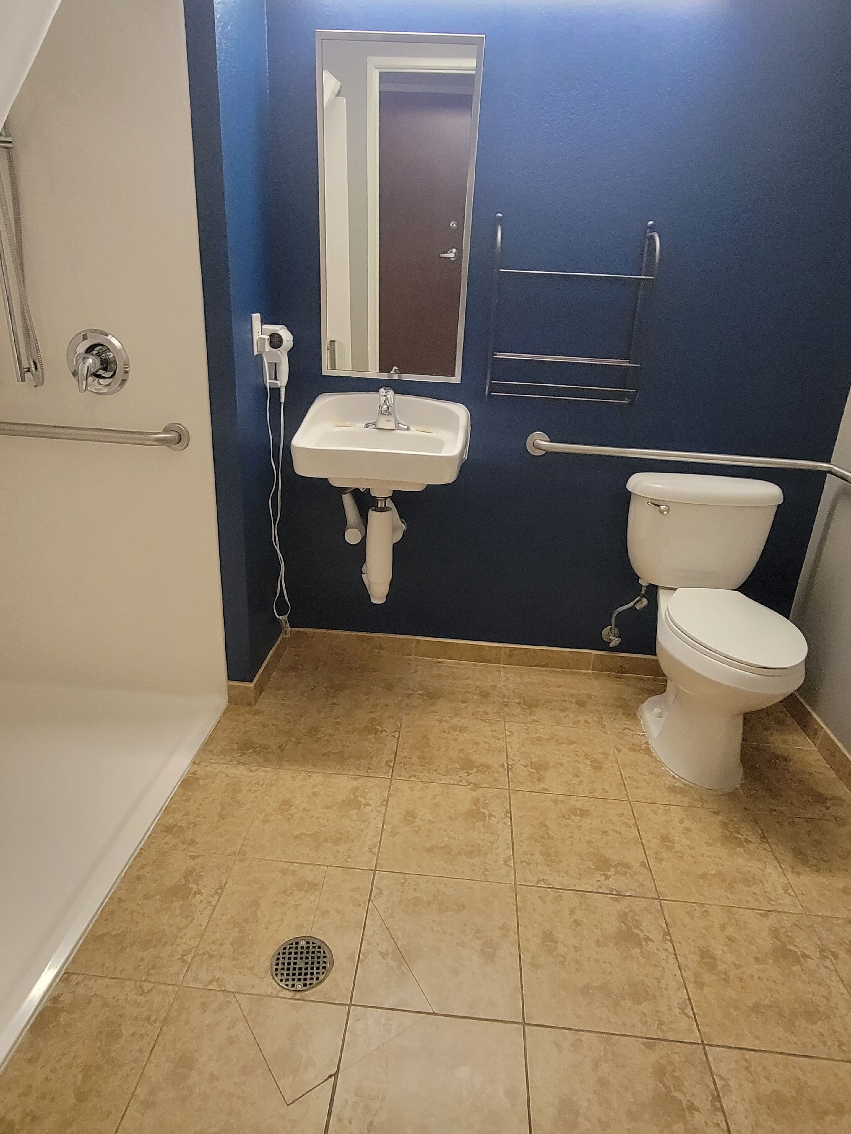 Une salle de bain avec un lavabo blanc, des toilettes, un espace douche et une barre d’appui.