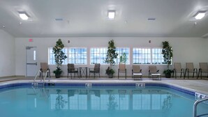 Una piscina interior amb aigua cristal·lina blava, envoltada de gandules i plantes en testos.