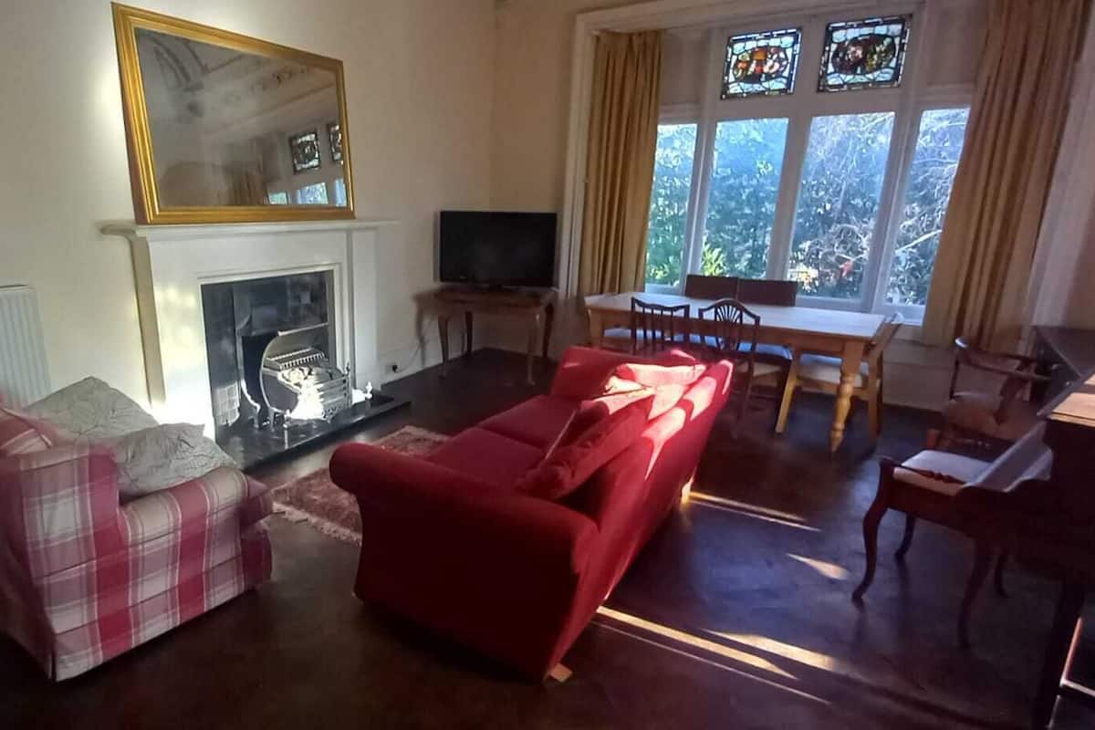 A living room with a fireplace, red sofa, plaid sofa, dining table, and chairs.