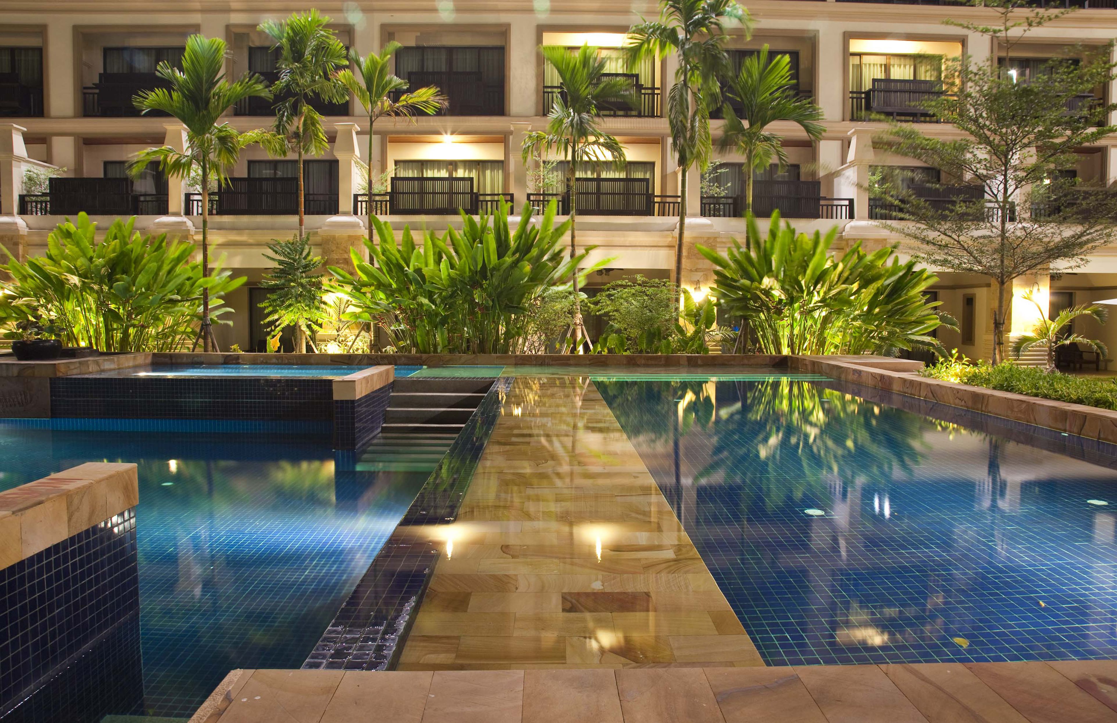 outdoor pool, pool umbrellas, pool loungers