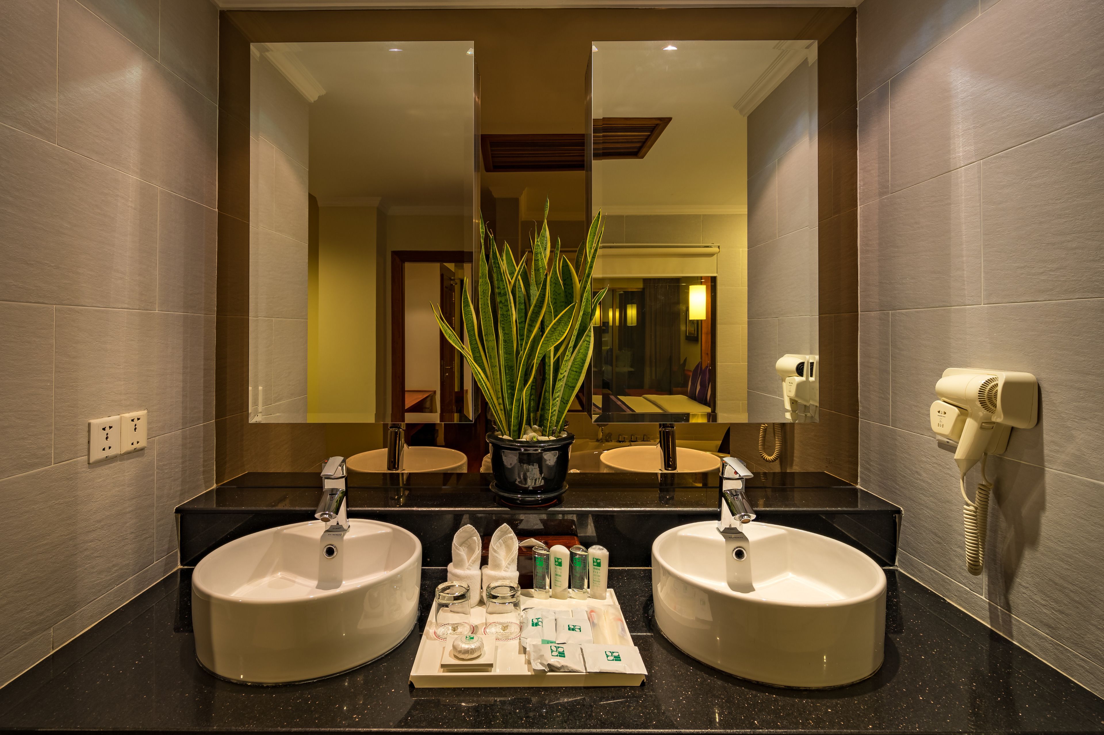 Een moderne badkamer met twee wasbakken, een grote spiegel, een potplant en een haardroger aan de muur.