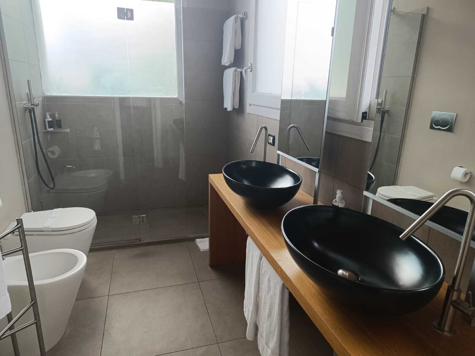 A modern bathroom with a glass-enclosed shower, two black sinks, a toilet, and a mirror.
