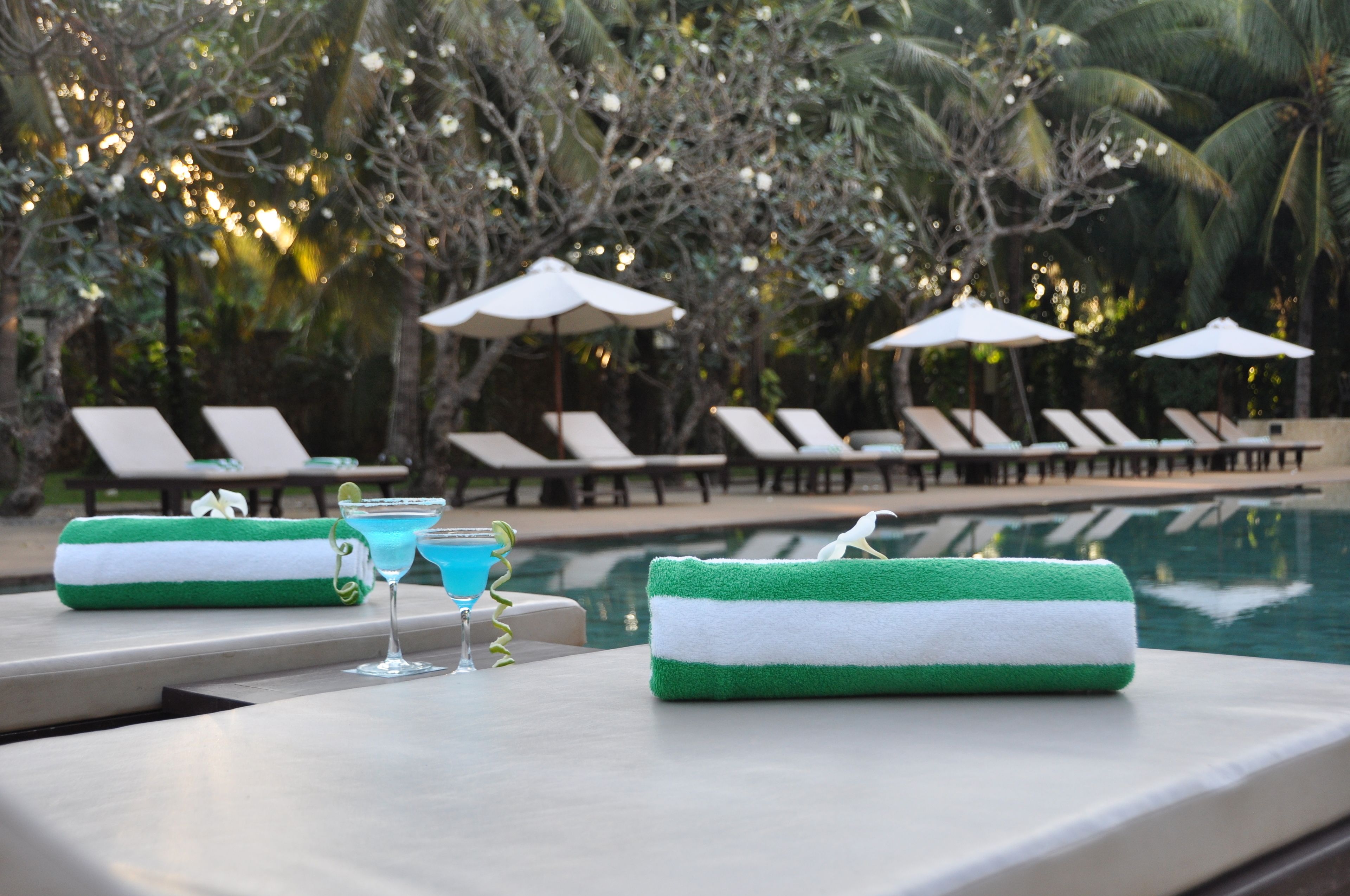Un área junto a la piscina con sillones de descanso, sombrillas y una piscina.