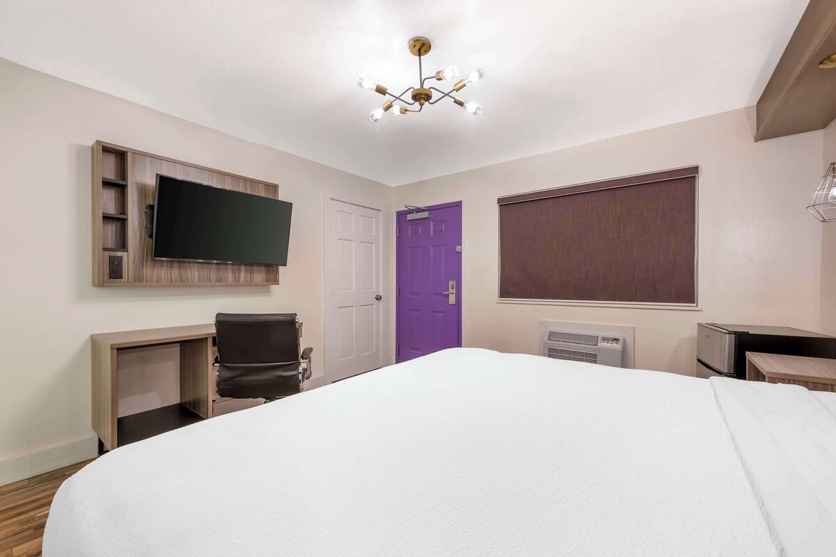 A hotel room with a bed, a TV mounted on the wall, a desk with a chair, a purple door, and a window with blinds.