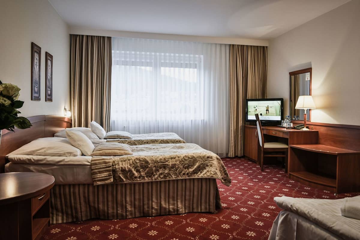 A hotel room with a bed, a desk, a chair, a television, and a red patterned carpet.