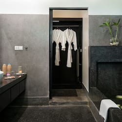 Separate bathtub and shower, deep-soaking bathtub, rainfall showerhead