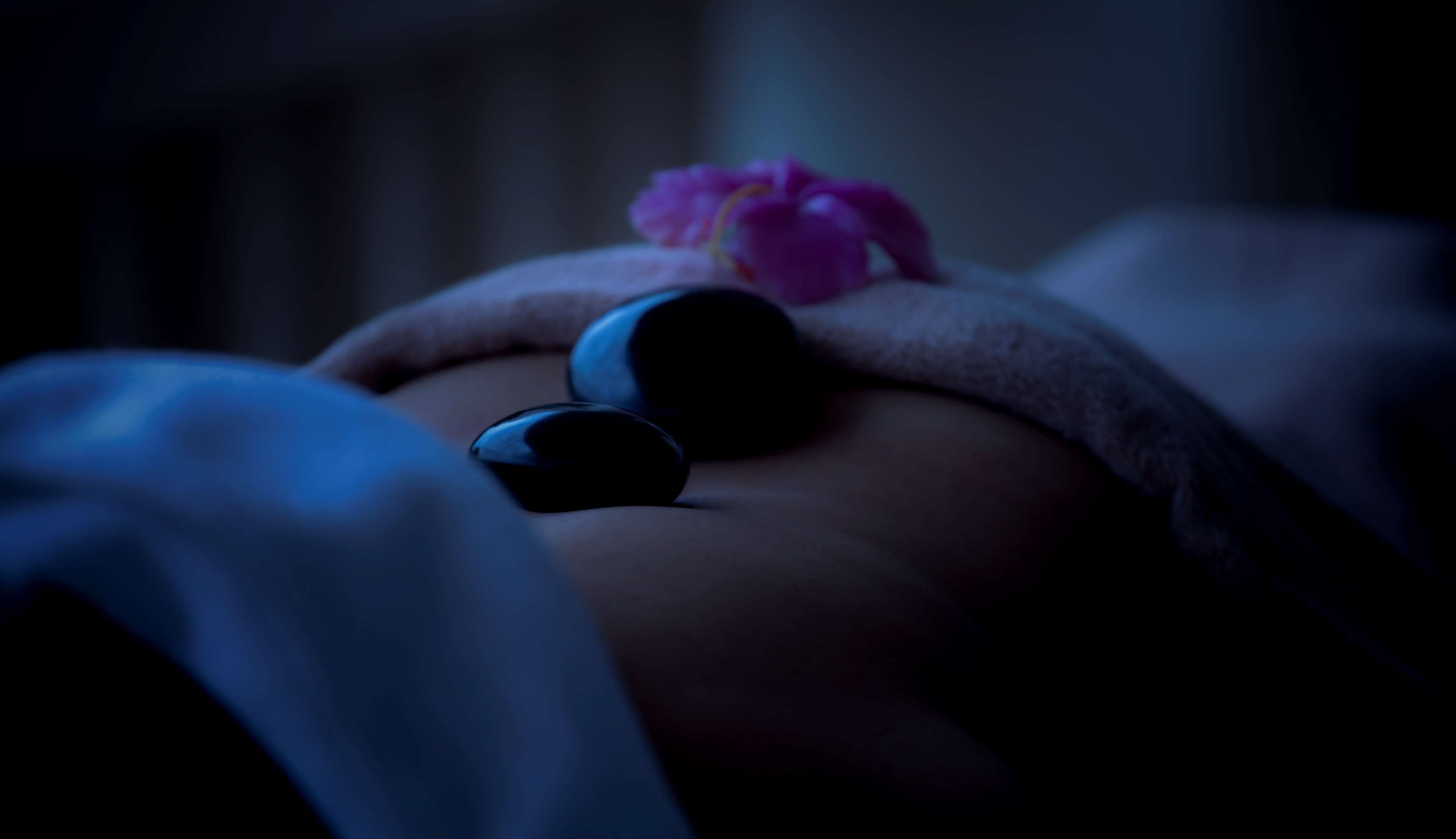 A massage with a flower and a blue object on a person's back.