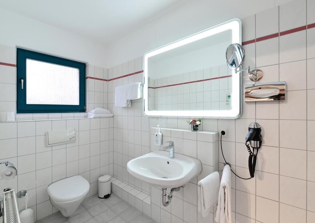 A bathroom with a toilet, sink, and mirror.