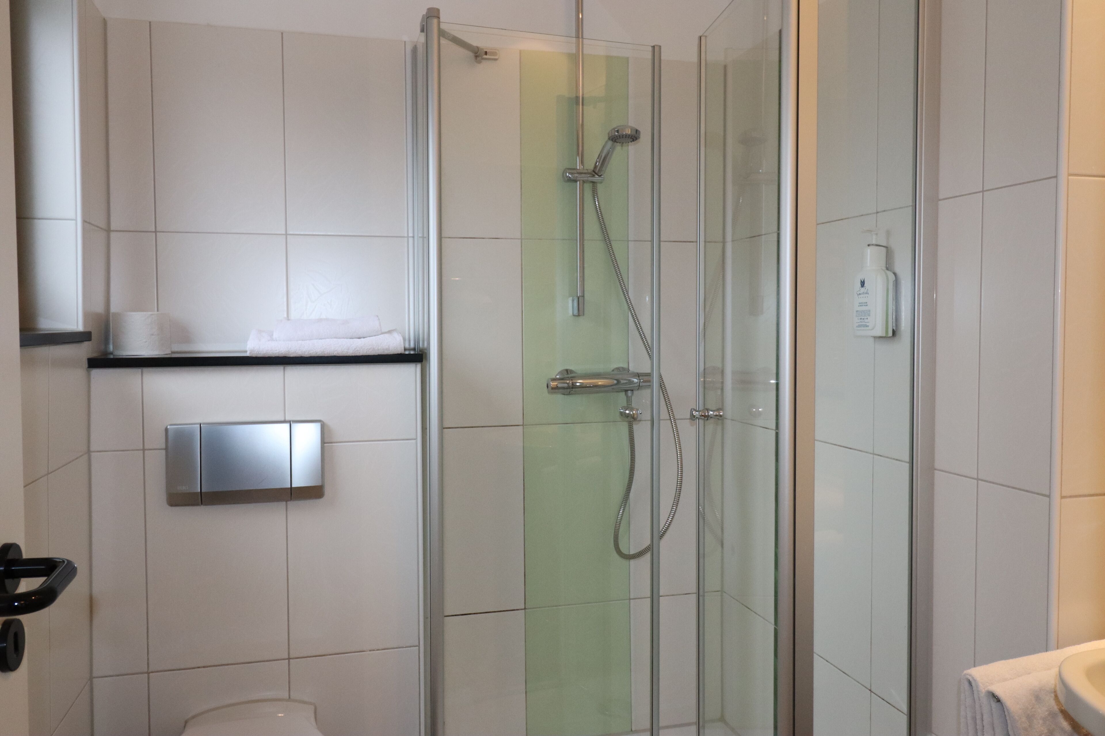 A modern bathroom with a glass-enclosed shower, a toilet, and a shelf with toiletries.