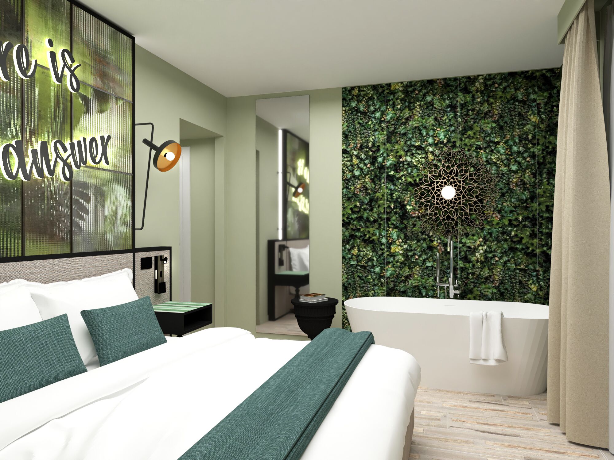 Una camera da letto moderna con un letto grande, una TV a parete, un lampadario decorativo, una parete verde con un motivo ispirato alla natura e una vasca da bagno.