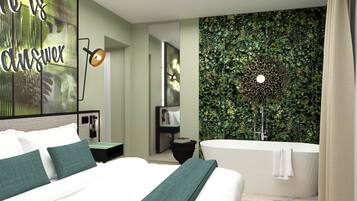 Una camera da letto moderna con un letto grande, una TV a parete, un lampadario decorativo, una parete verde con un motivo ispirato alla natura e una vasca da bagno.