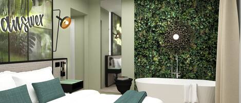 Een moderne slaapkamer met een groot bed, een wandtelevisie, een decoratieve lamp, een groene wand met een ontwerp geïnspireerd op de natuur en een bad.