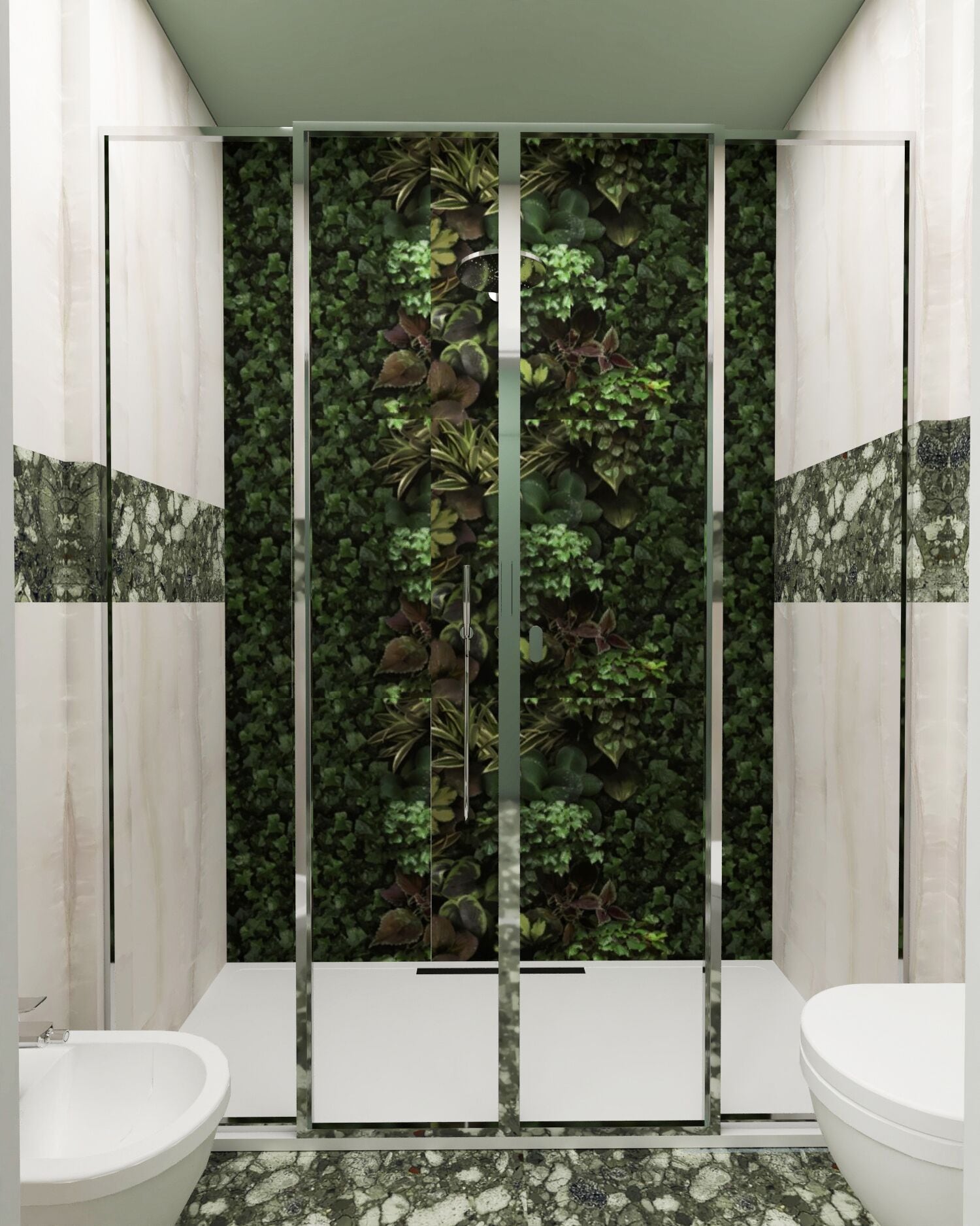 Un baño con separador de vidrio, dos lavamanos blancos y una pared cubierta de plantas verdes.