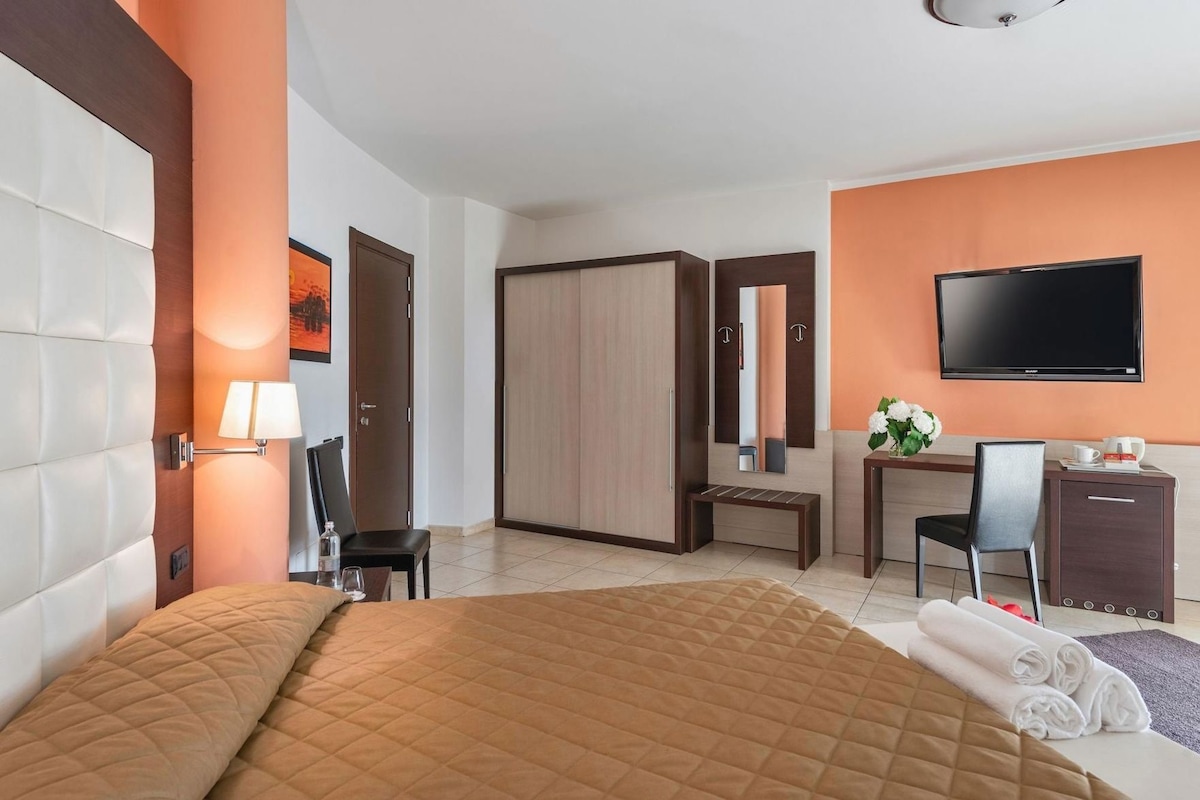 Una habitación de hotel con una cama, un escritorio, una silla, un televisor y un armario.