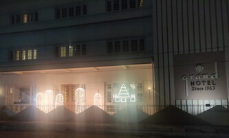 A hotel entrance with illuminated decorations and a sign reading "Grand Hotel Since 1963".
