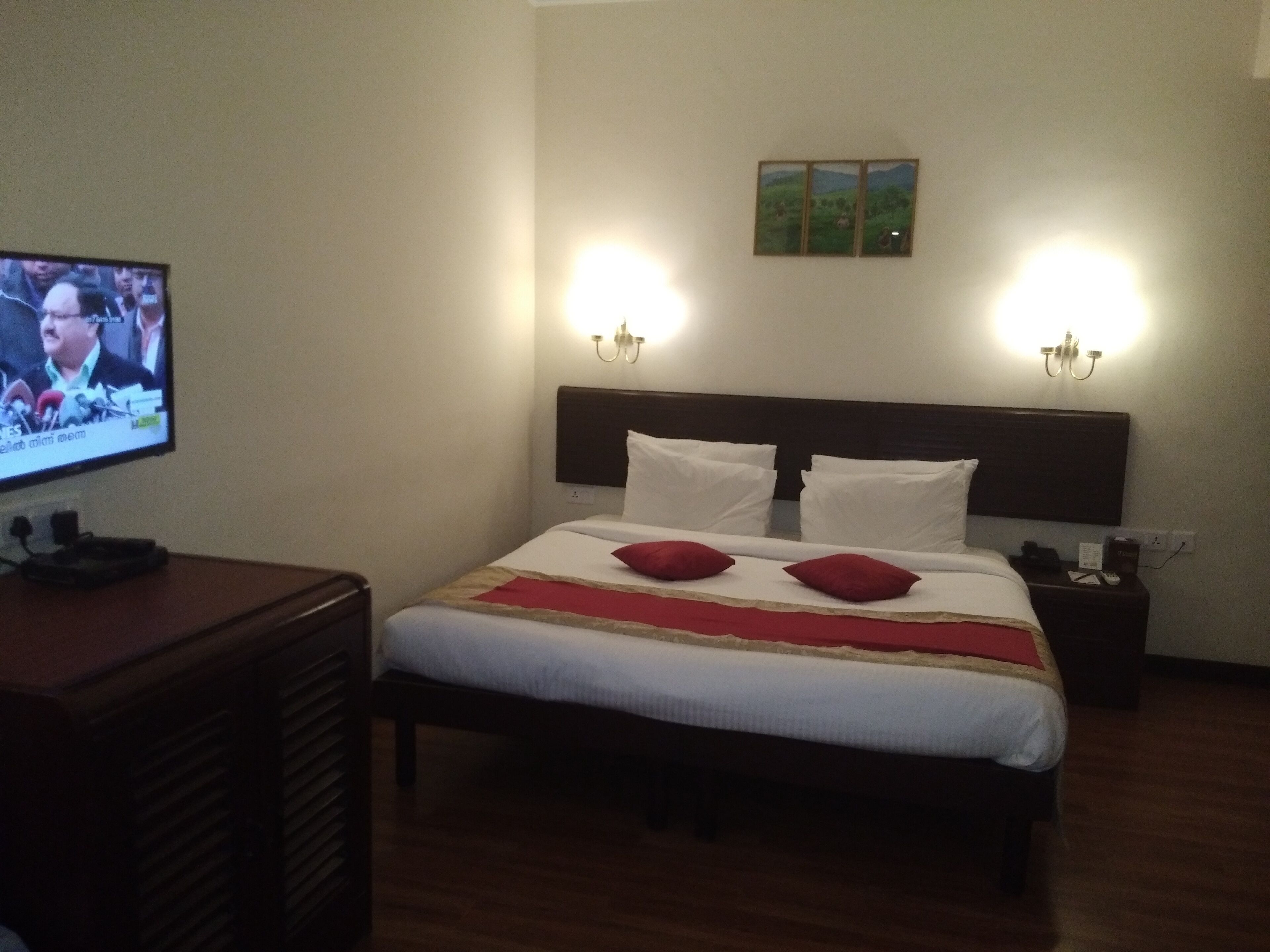 Habitació d'hotel amb un llit, una televisió sobre una taula i dues làmpades penjades a la paret.