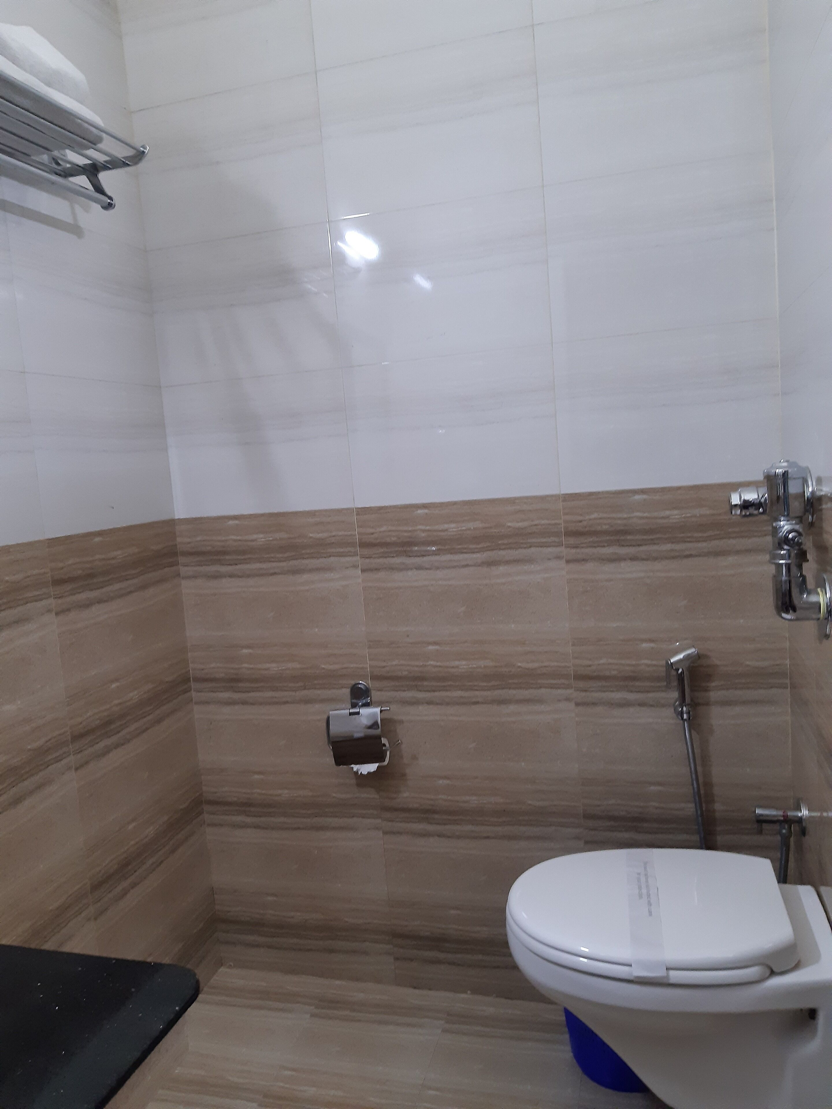 A bathroom with a toilet, bidet, and shower.