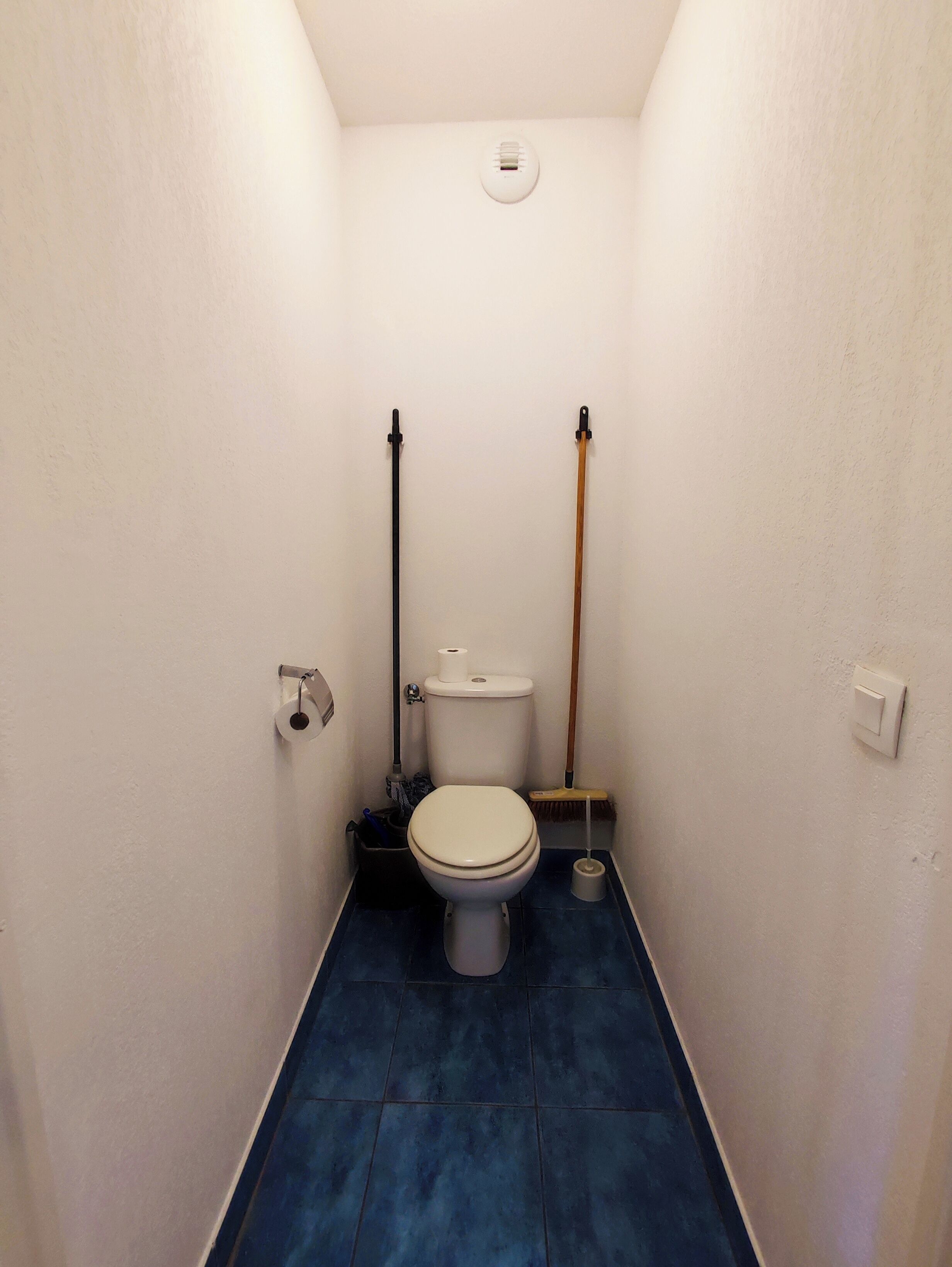 Un baño pequeño y estrecho con un inodoro, una escoba y una mopa apoyadas contra la pared.