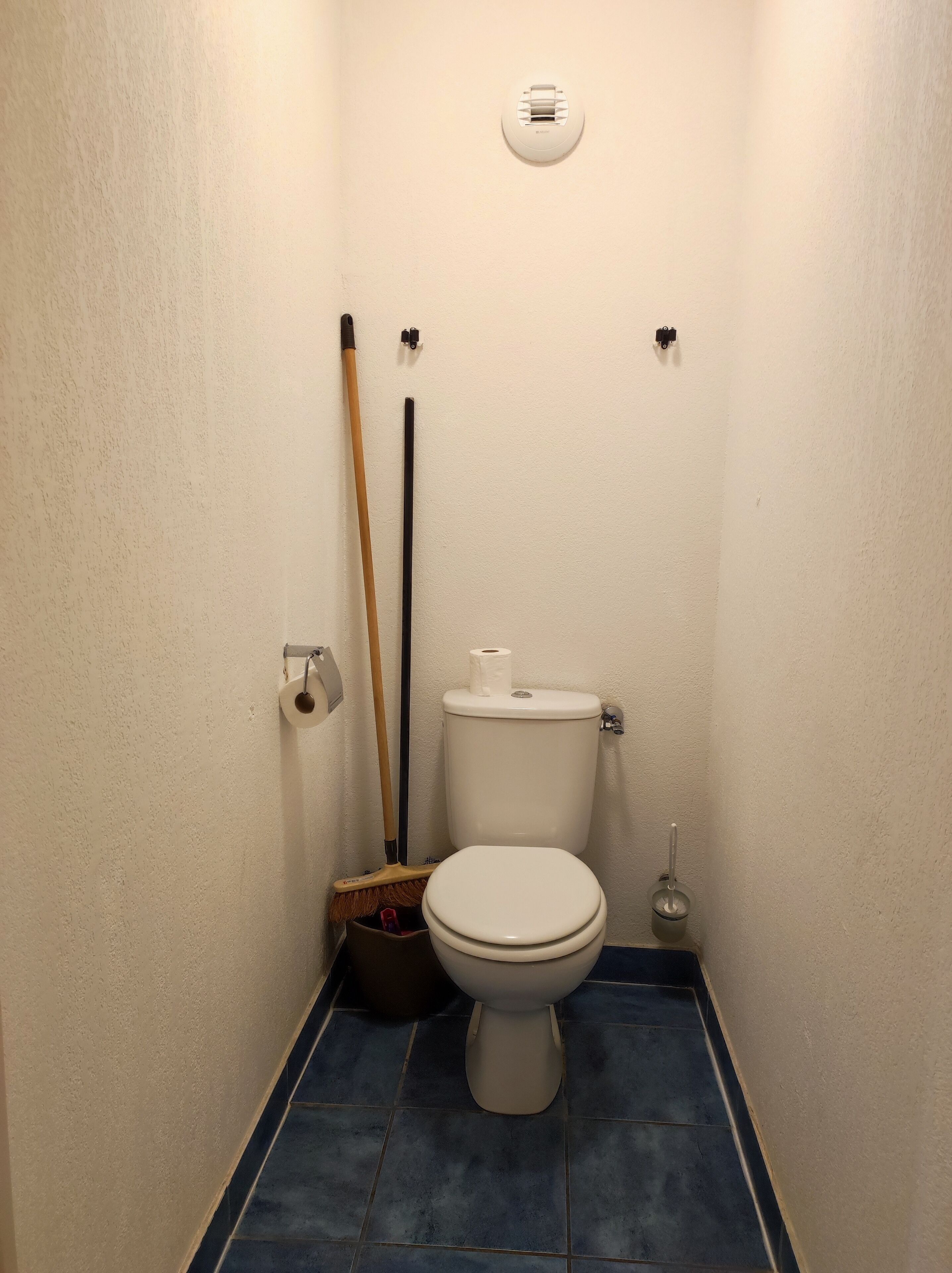 Un baño pequeño y estrecho con un inodoro, una escoba y un recogedor apoyados en la pared.